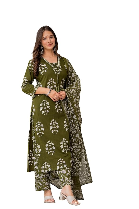 Pure Cotton Printed Straight Kurta Set with Palazzo Pants & Dupatta- Ethnic Wear, Green